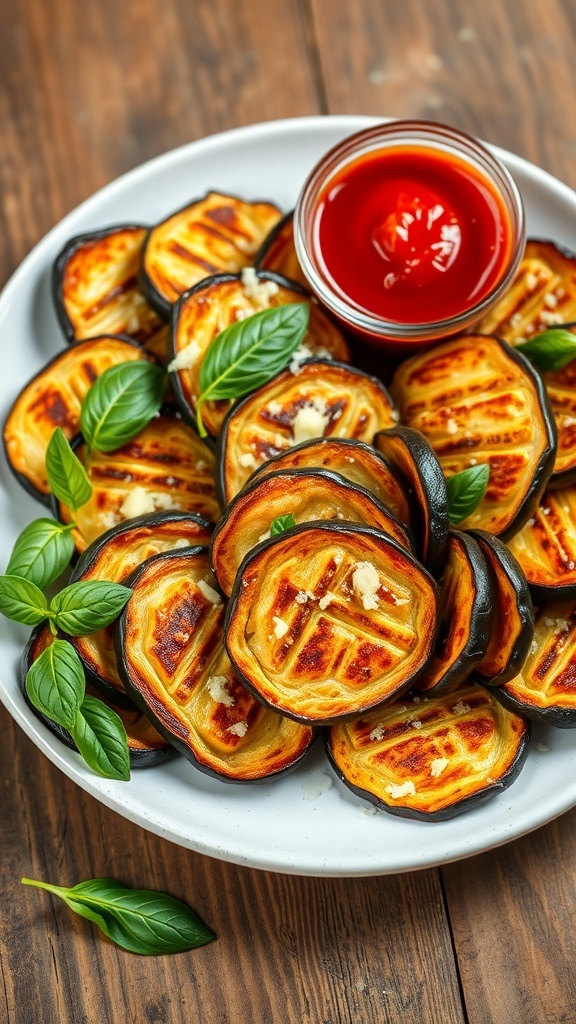 Crispy baked eggplant slices garnished with basil and Parmesan, served with marinara sauce.